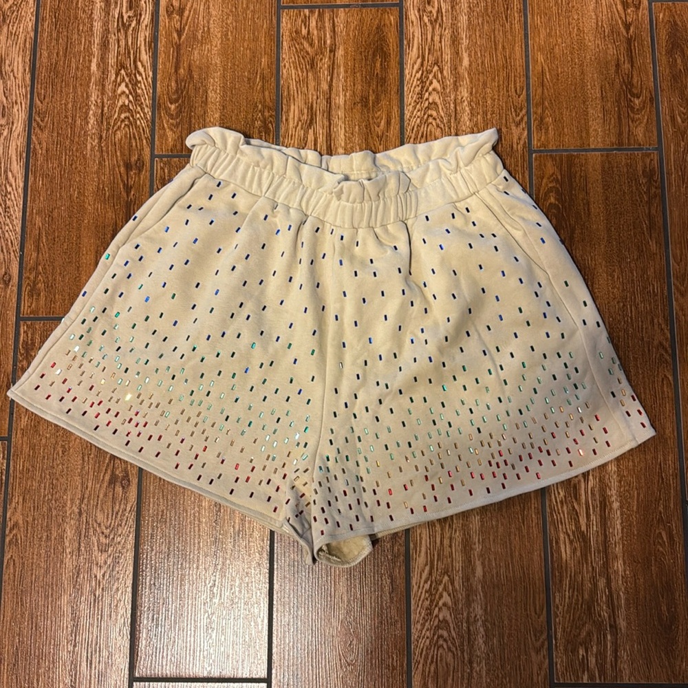 Queen of Sparkles Beige Beaded Shorts New